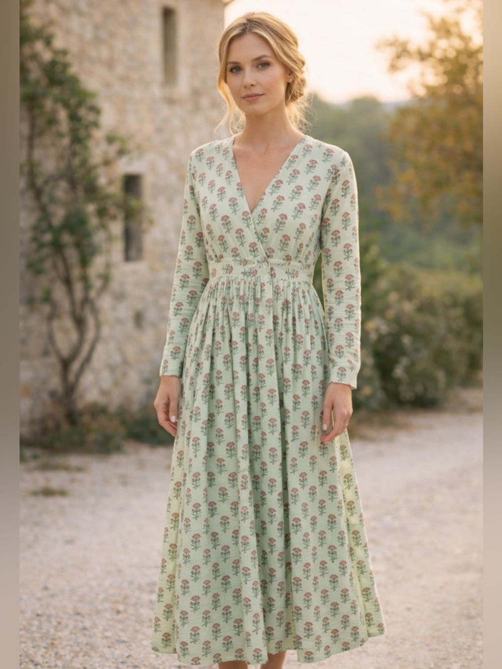 Turquoise Handcrafted India Block Print Cotton Maxi Dress Wrap Boho Prairie